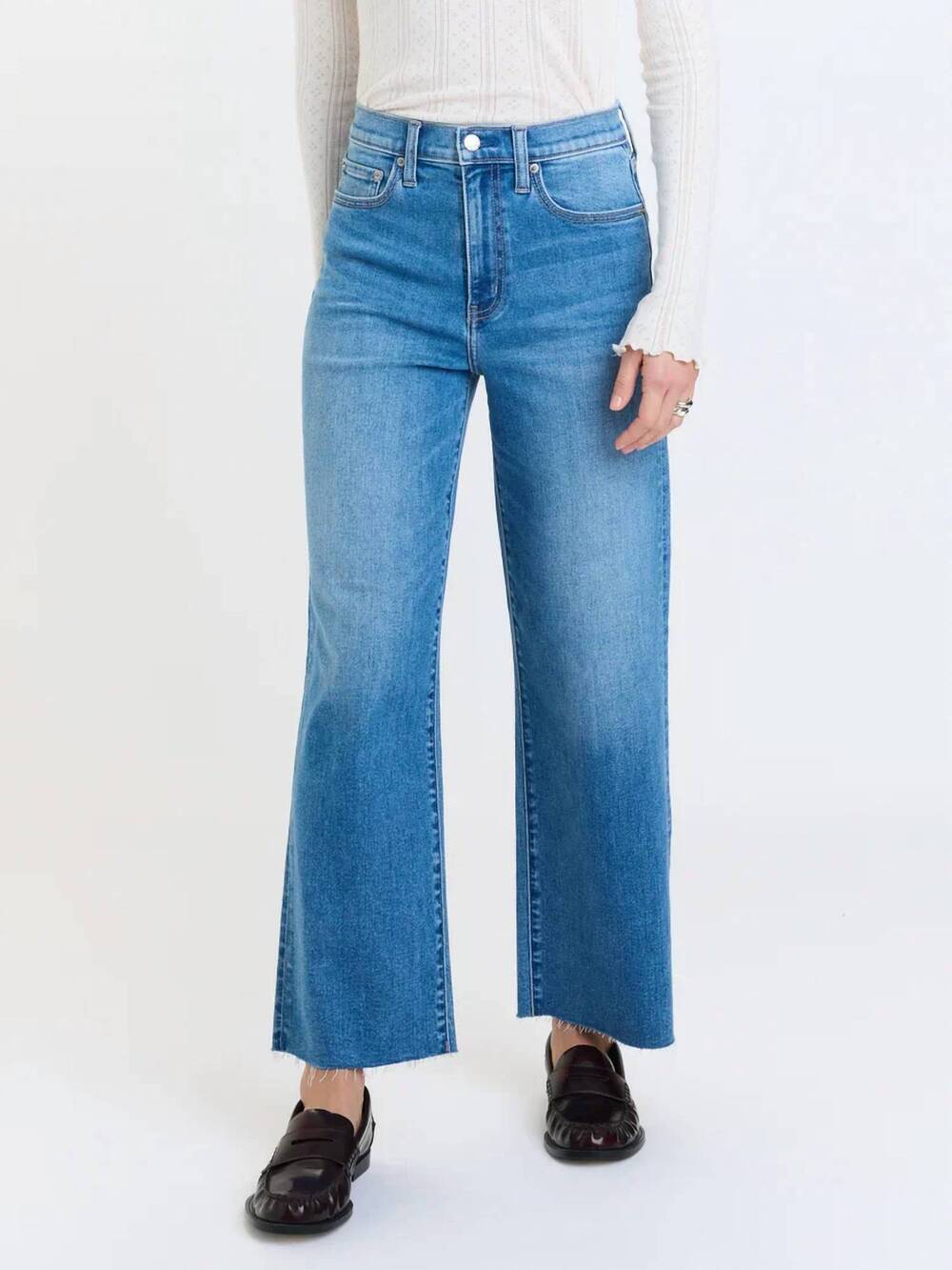 NEW DAZE pleaser high rise wide ankle denim jean in medium blue wash